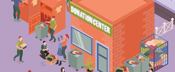 Illustration of a donation center accepting mattresses and clothes