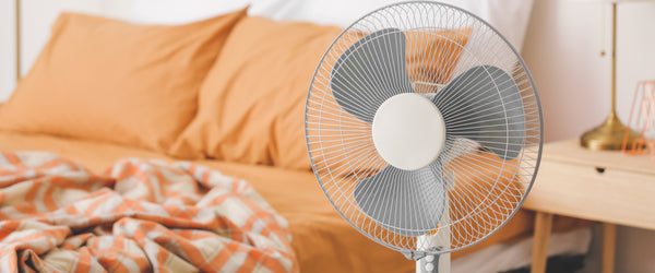 Bedroom fan next to bed for hot sleepers