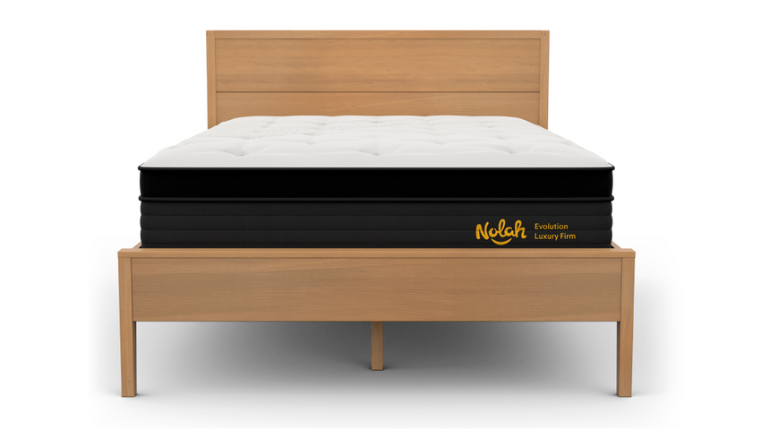 Wood platform bed frame with headboard, seen with Nolah Evolution Mattress